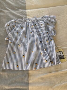 NEW Trovata Blue & White Striped Embroidered Lemon Top